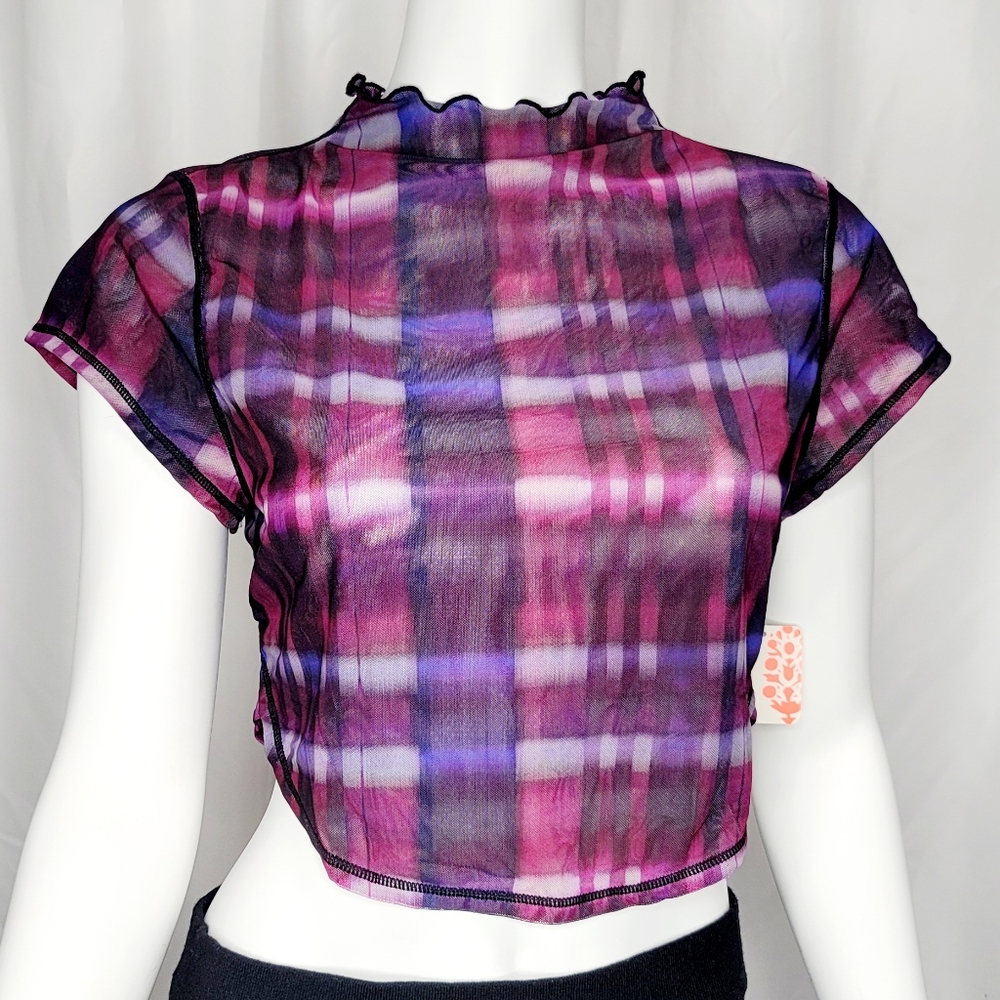 Pink and Purple Fitted Crop Blouse with Mandarin Collar